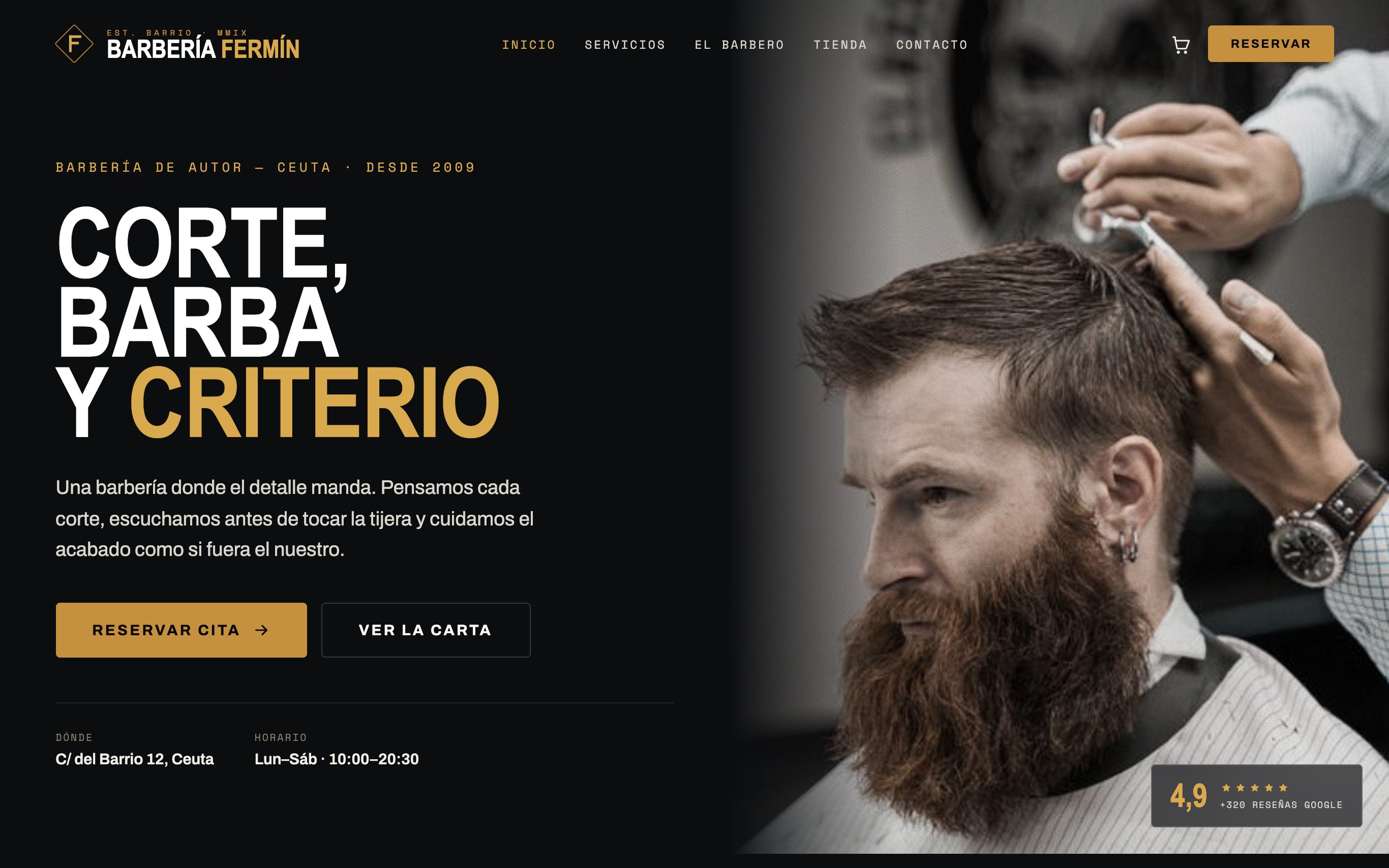 La portada de la web de muestra Barbería Fermín, hecha por Karma Studio
