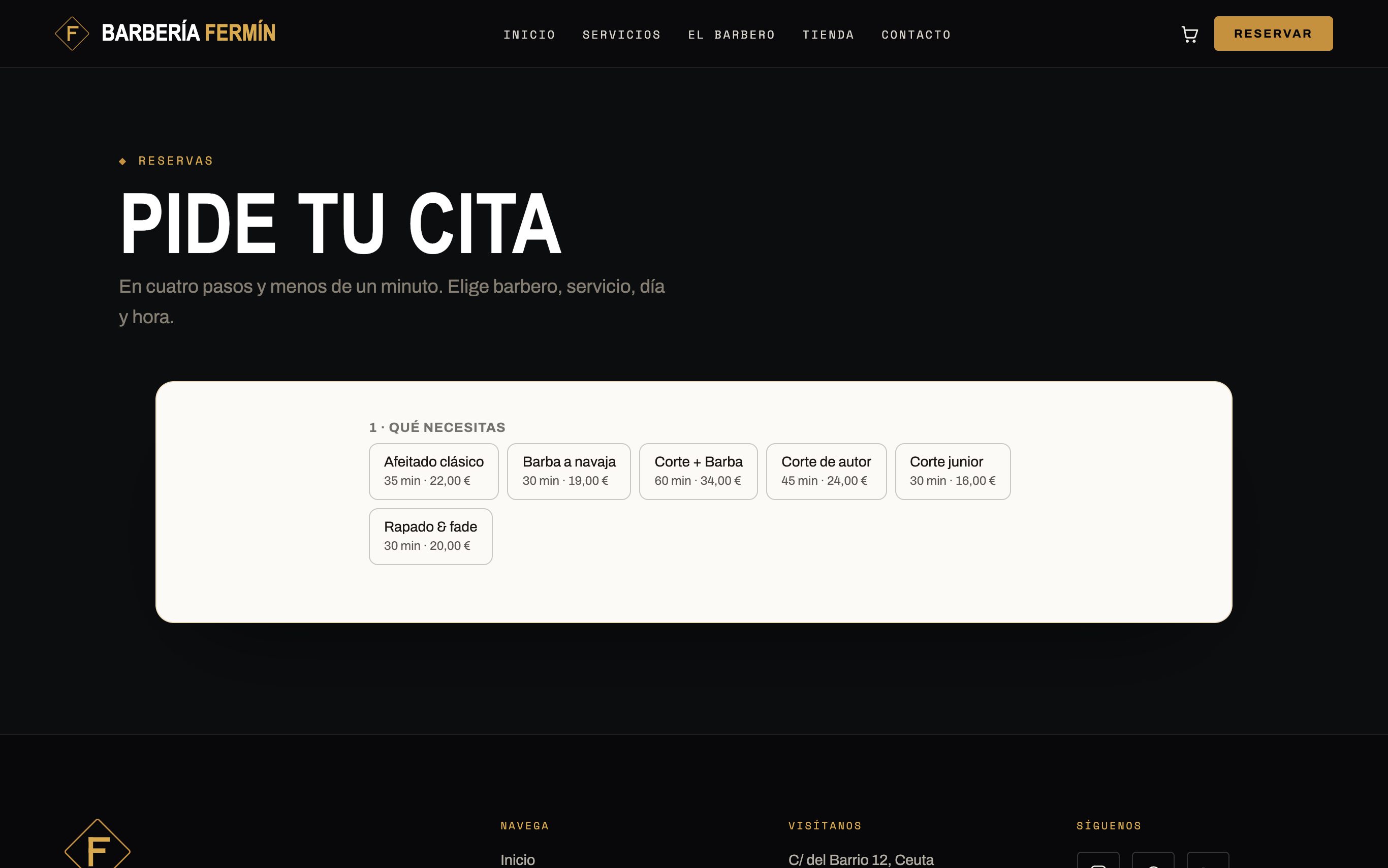 La reserva de cita de la web de muestra Barbería Fermín, hecha por Karma Studio