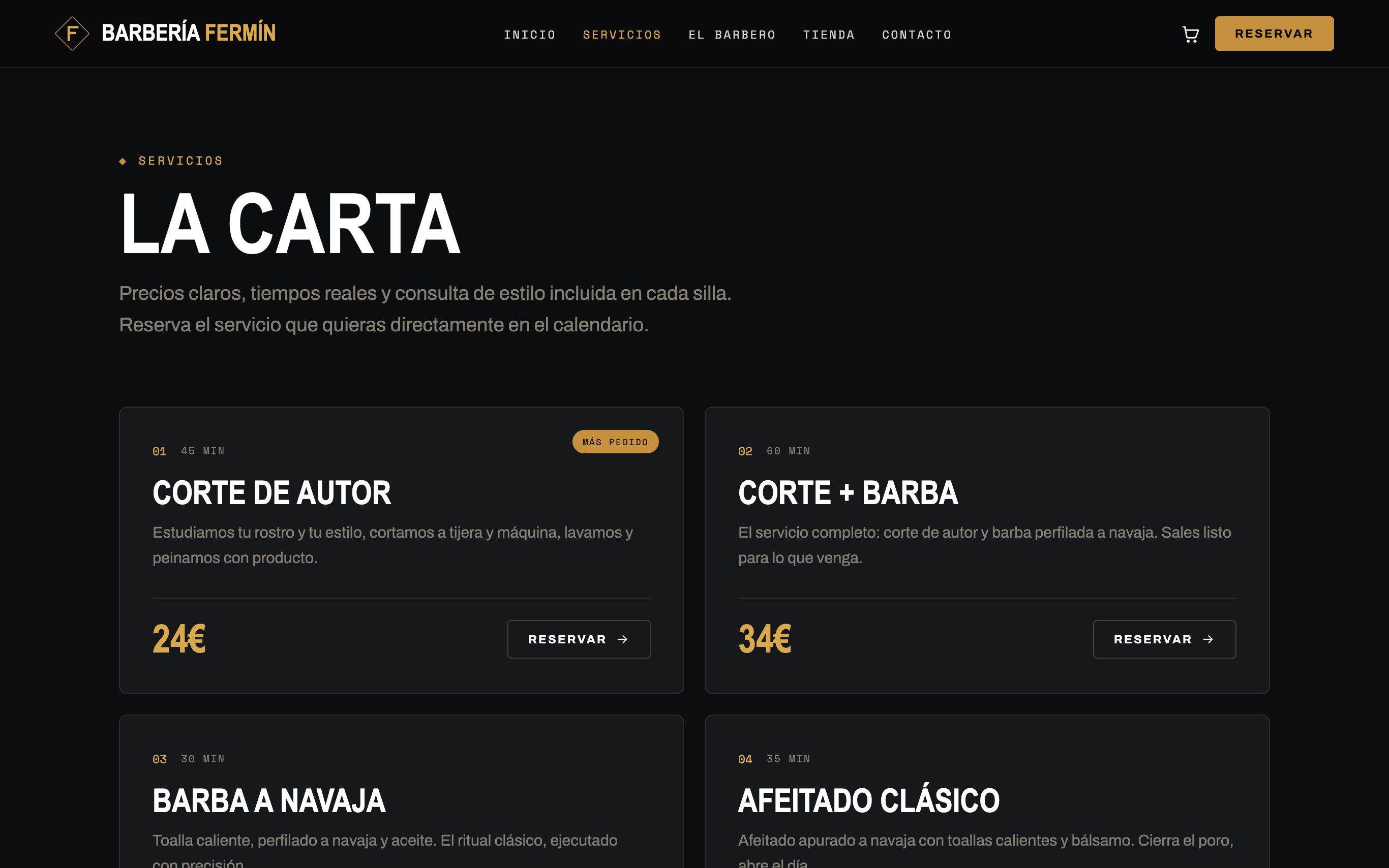 La carta de servicios de la web de muestra Barbería Fermín, hecha por Karma Studio