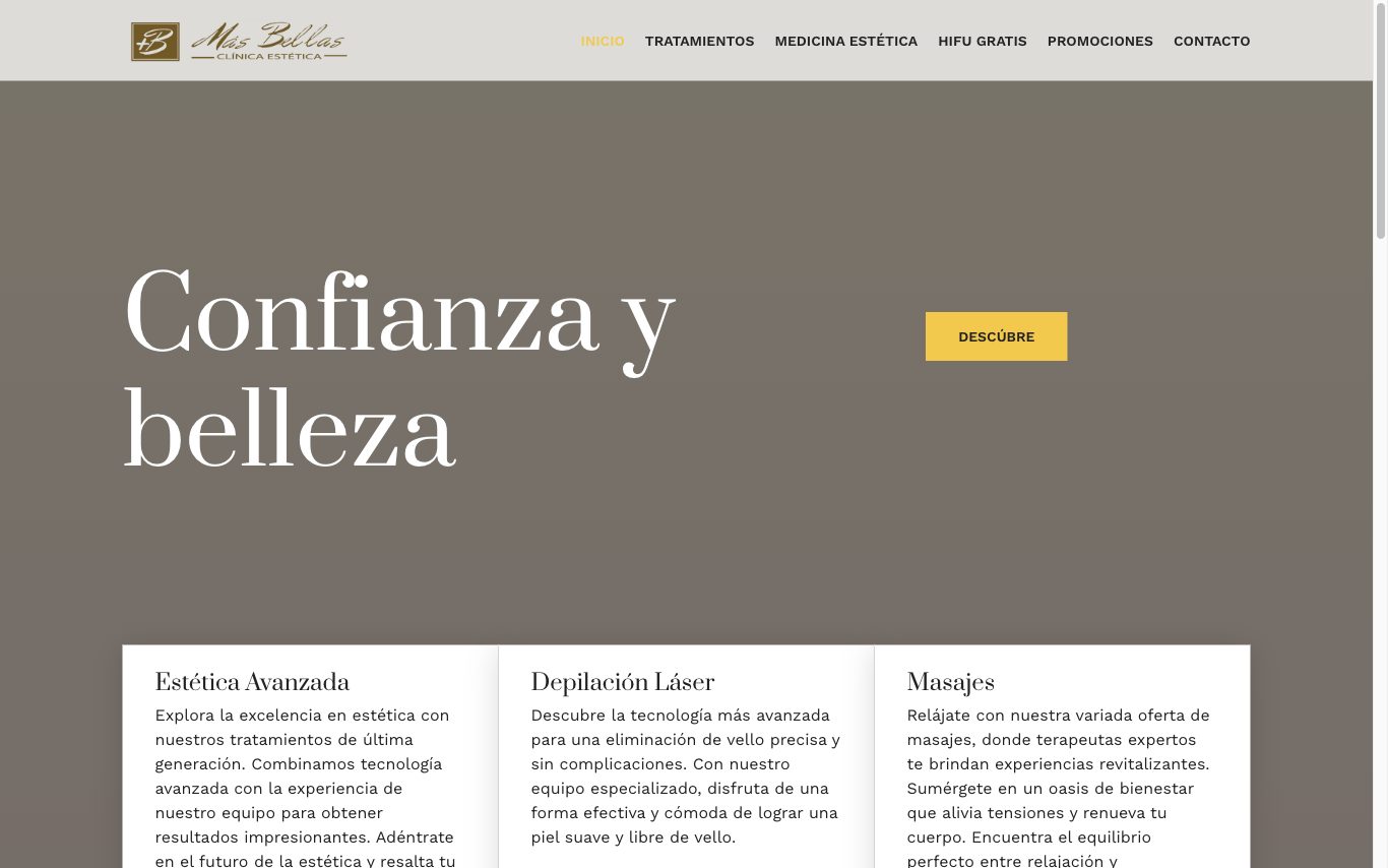 Página web de Clínica Más Bellas (Estética) diseñada por Karma Studio