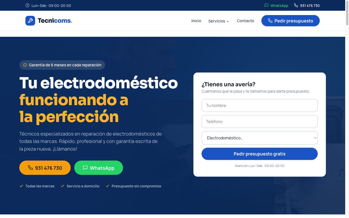 Página web de Tecnicoms (Reparaciones a domicilio) diseñada por Karma Studio