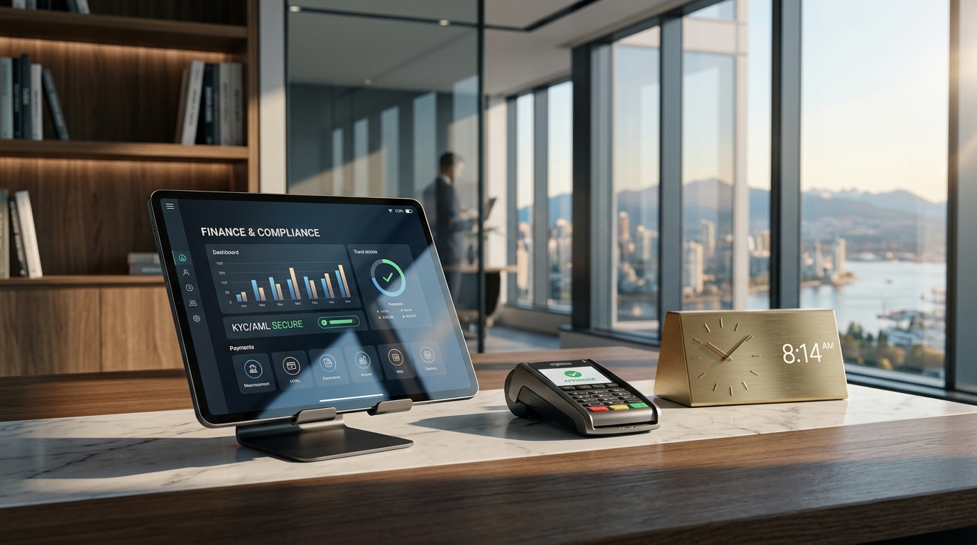Empresario en Ceuta usando una pantalla con verifactu software para emitir facturas legales.
