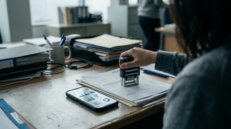 Empresario revisando la factura electrónica obligatoria en su ordenador para evitar multas.