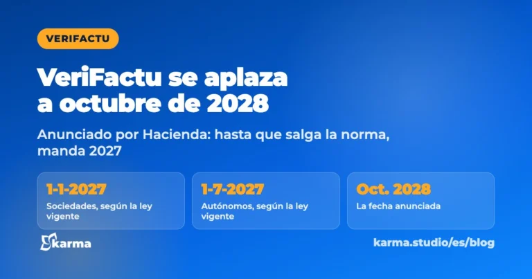 VeriFactu se aplaza a octubre de 2028: 1-1-2027, sociedades, según la ley vigente; 1-7-2027, autónomos, según la ley vigente; Oct. 2028, la fecha anunciada. Karma Studio