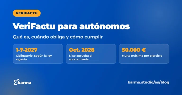 VeriFactu para autónomos: 1-7-2027, obligatorio, según la ley vigente; Oct. 2028, si se aprueba el aplazamiento; 50.000 €, multa máxima por ejercicio. Karma Studio